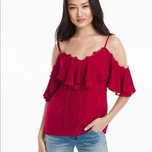 White House Black Market Red Cold-Shoulder Ruffle Lace-Trim Tank